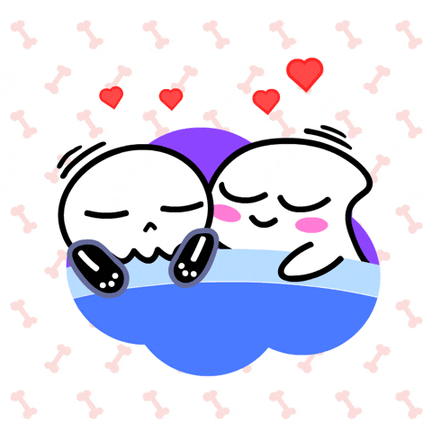 Digital illustration gif. Skeleton and a ghost are tucked in under a blanket, cuddling and dozing together, breathing at the same pace as hearts flutter up around them against a background filled with a repeating pattern of pink bones.