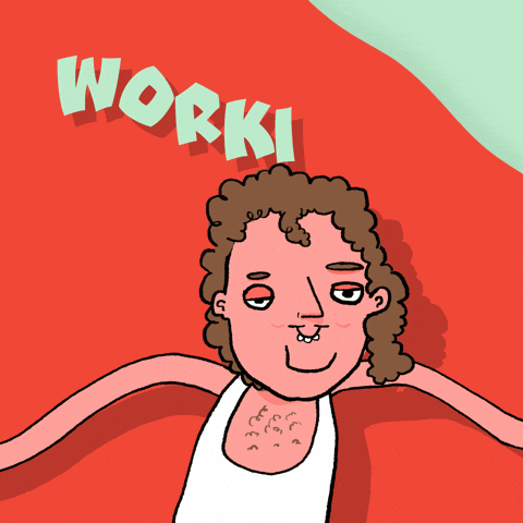 Text gif. A cartoon person, with curly hair and a goofy overbite, bobs and weaves with impossibly long spaghetti arms. The words “wednesday” and “workin’ it” “wednesday” “workin it” alternate in rhythm with their dance.