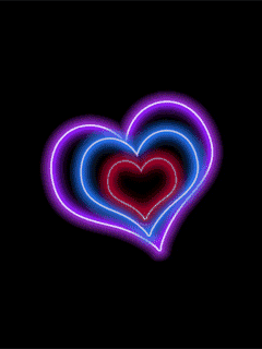 Digital art gif. Neon hearts grow in rainbow colors and sizes as they radiate from a black background.