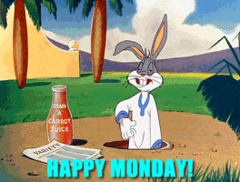 TV gif. Bugs Bunny from Looney Tunes emerges from his burrow in the morning to find his paper and grade-a carrot juice, fresh from the milkman.
