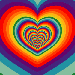 Cartoon gif. A rainbow-striped heart-shaped tunnel unfurls toward the camera implying infinite motion.