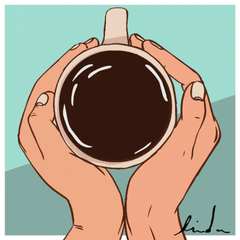Cartoon gif. A pair of hands wrap around a swirling mug of hot coffee. The cream forms the words "I love you" and two little hearts across the surface.