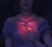 Illustrated gif. A woman stands still in the dark. She holds her hand on her heart. Her chest glows warmly as her heart beats.