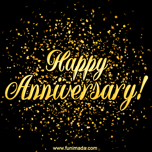 A stunning black and gold anniversary GIF with elegant cursive text 'Happy Anniversary!' and golden confetti raining down in celebration.
