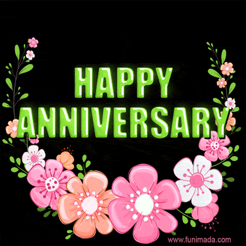 A cheerful anniversary GIF with vibrant pink and white flowers framing bright green text 'Happy Anniversary' on a black background.