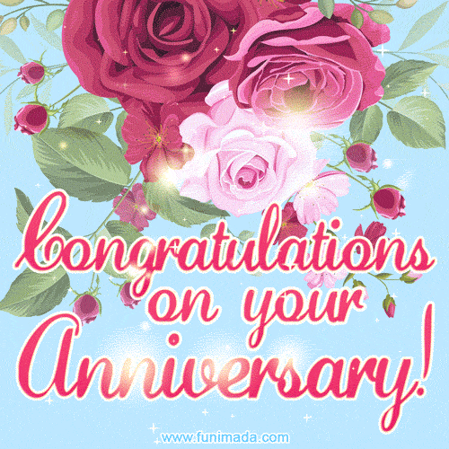 A beautiful GIF with colorful roses and glittering text 'Congratulations on your Anniversary!' on a soft blue background.