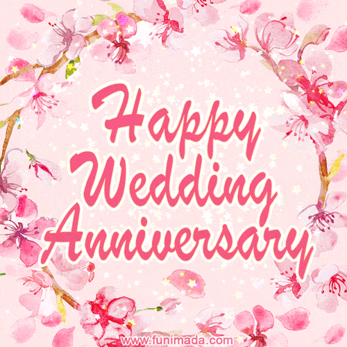 A delicate GIF with pink cherry blossoms framing the text 'Happy Wedding Anniversary' on a soft pink background.
