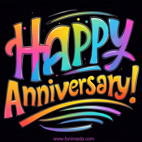 A colorful GIF with bold neon-style text reading 'Happy Anniversary!' featuring rainbow hues and artistic swirls on a black background.