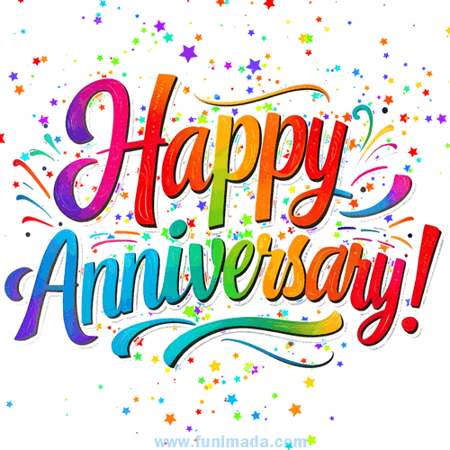 A festive anniversary GIF with rainbow-colored text 'Happy Anniversary!' surrounded by colorful stars, confetti, and streamers on a bright background.