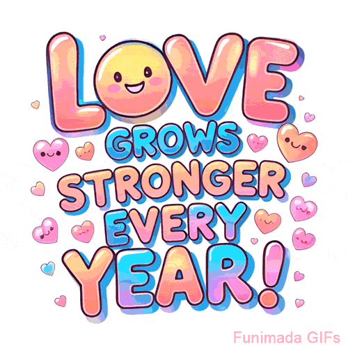 Animated GIF with pastel rainbow text that reads 'Love Grows Stronger Every Year!' surrounded by cute smiling hearts with happy expressions on a white background.