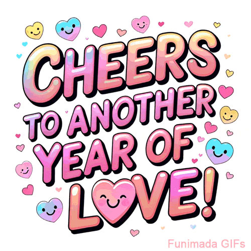 A happy anniversary GIF featuring shiny bold text and multiple smiling heart emojis in various pastel shades, creating a joyful and loving vibe.
