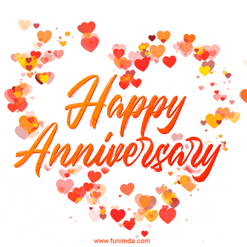 A cheerful GIF with floating red and orange hearts forming a heart shape around the text 'Happy Anniversary' in bold cursive.