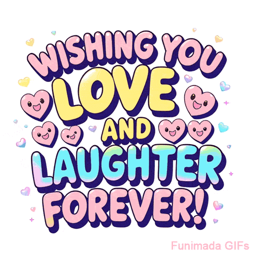 Animated greeting with bold text saying 'Wishing You Love and Laughter Forever!' surrounded by pink and blue smiling hearts on a clean white background.
