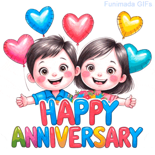 Cute animated children-style characters celebrating an anniversary, with love-themed heart balloons and a bold, colorful 'Happy Anniversary' greeting below.