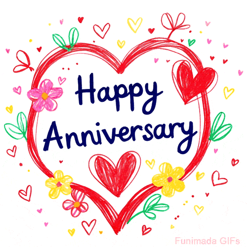 Cute crayon-style animation with a big heart outline, red and yellow hearts, green leaves, and cheerful flower doodles around the 'Happy Anniversary' message.