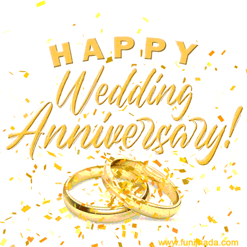A classy wedding anniversary GIF with golden rings, sparkling confetti, and bold text 'Happy Wedding Anniversary!' on a white background.