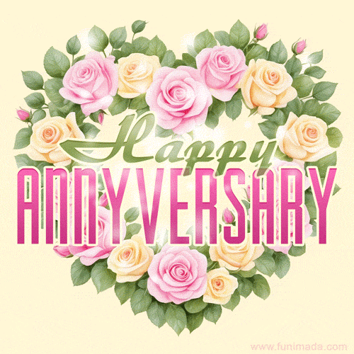 A soft pastel anniversary GIF featuring pink and cream roses forming a heart shape with bold text 'Happy Anniversary' on a light background.