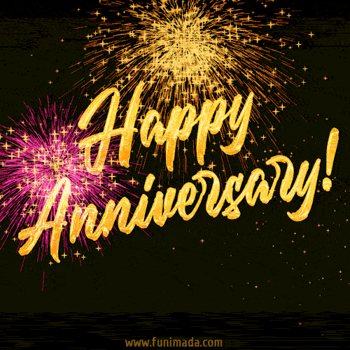 A dynamic anniversary GIF with vibrant fireworks lighting up the background and bold cursive text 'Happy Anniversary!' in gold.